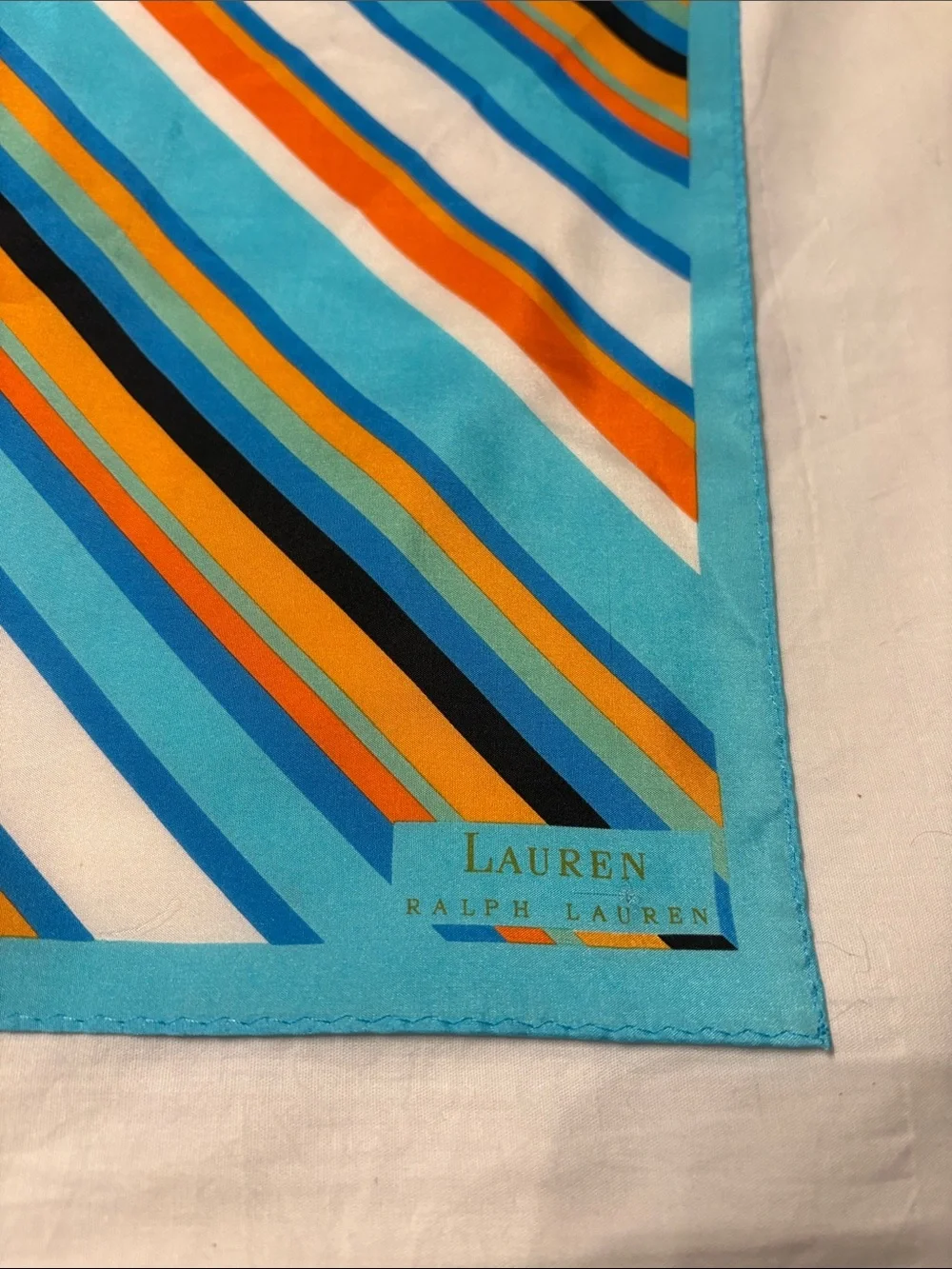 Lauren Ralph Lauren Striped Scarf in Turquoise, Orange & Blue. Quiet Luxury.